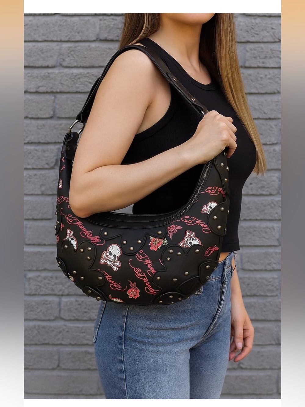 Ed Hardy Hobo Bag Womens Medium Black Skull Rose Studded Vegan Faux Leather